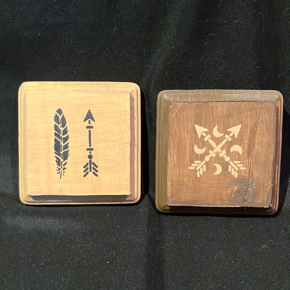 2 Hand-painted Wooden Decor Squares, 3 3/4” x 3 3/4” (inches)